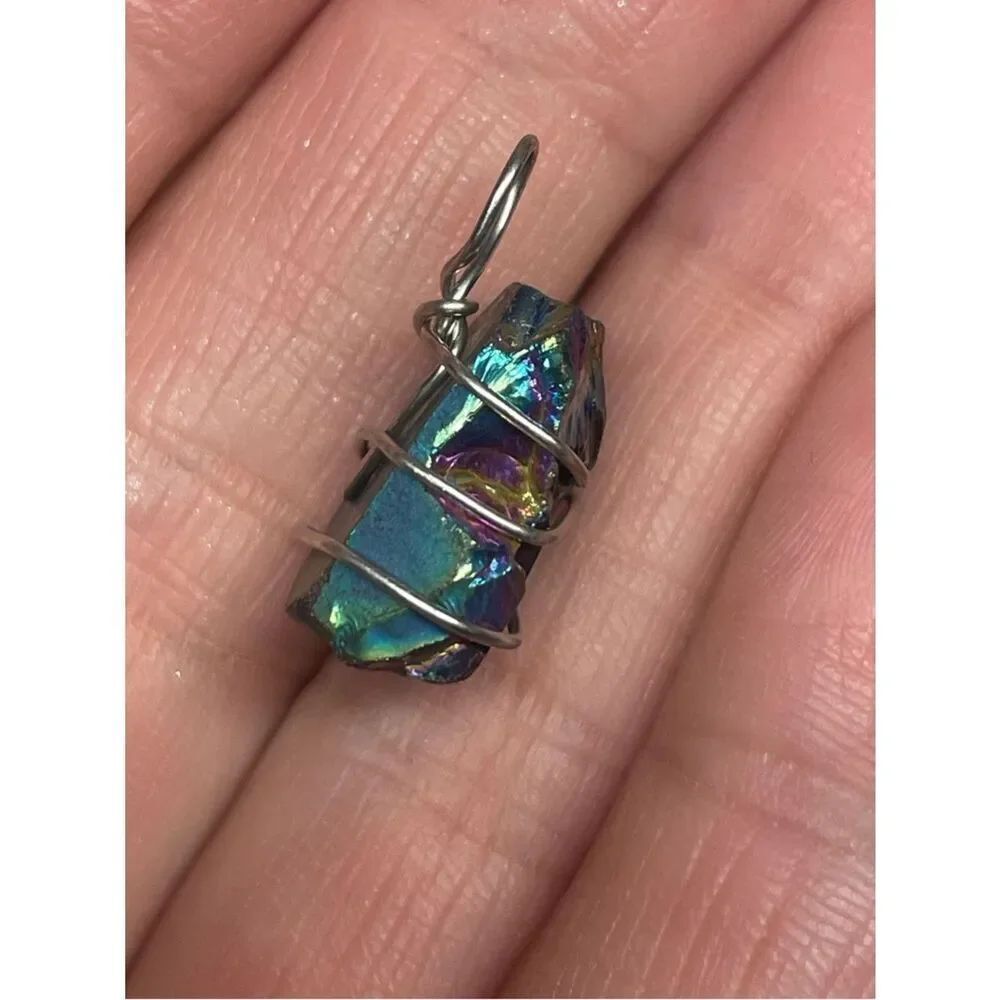 Handmade Small Rainbow Titanium Aura Stone Pendant Wrapped in Silver Wire